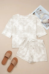 Beige Vintage Tie Dye Bracelet Sleeve Drawstring Elastic Waist 2pcs Short Set