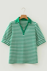 Green Stripe Collared V Neck Short Puff Sleeve Top