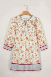 Apricot Striped Edge 3/4 Puff Sleeve Floral Dress