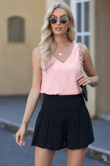 Light Pink Eyelet Knit Patterned Loose V Neck Tank Top