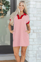 Green Stripe Quarter Zip Polo Collar T Shirt Dress with Pockets