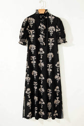 Black Floral Print Frilled Collar Short Puff Sleeve Maxi Dress