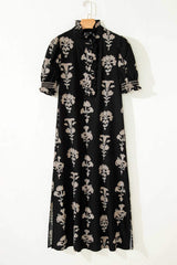Black Floral Print Frilled Collar Short Puff Sleeve Maxi Dress