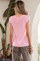 Pink Solid Color Knit V Neck Button Front Sweater Vest
