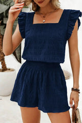 Black Textured Square Neck Top and Shirred High Waist Shorts Set