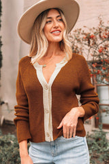 Chestnut Contrast Knit V Neckline Short Cardigan