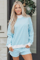 Sky Blue Stripe Oversize Mock Neck Sweatshirt and Shorts Set