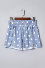 Sky Blue Polka Dot Print Shirred High Waist Casual Shorts