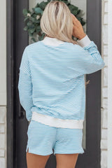 Sky Blue Stripe Oversize Mock Neck Sweatshirt and Shorts Set