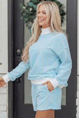 Sky Blue Stripe Oversize Mock Neck Sweatshirt and Shorts Set