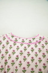 Pink Floral Print V Neck Scallop Trim Button Front Short Sleeve Long Dress