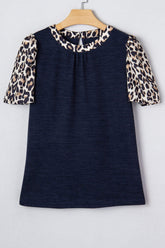 Navy Blue Ribbed Contrast Leopard Patchwork Short Sleeve Top