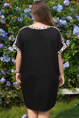 Black Plus Size Leopard Print Patchwork Shift T Shirt Dress with Pockets