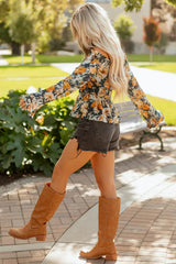 Blue Floral Off Shoulder Bell Sleeve Smocked Peplum Top