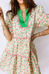 Green Contrast Neckline Ricrac Trim Floral Short Puff Sleeve Dress