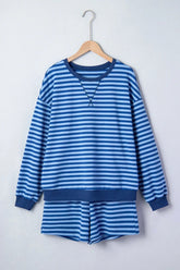 Blue Stripe Drop Shoulder Long Sleeve Pullover Elastic Waist Casual Short Set