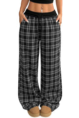 Black Frenchy Plaid Pattern Contrast Drawstring Waist Wide Leg Pants