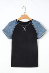 Carbon Grey Waffle Knit Seam Detail Color Block Patchwork Short Sleeve Top