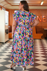 Blue Geometric Print Ruffled Short Sleeve Plus Size Tiered Maxi Dress