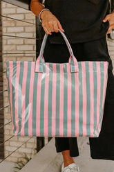 Blackish Green Glossy Striped Vinyl Large Tote Bag