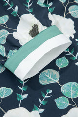 Blue Floral Print Striped Patchwork V Neck Short Sleeve Blouse