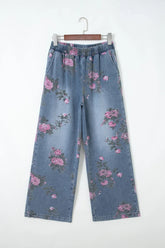 Beau Blue Floral Print Elastic Waist Pull On Casual Jeans