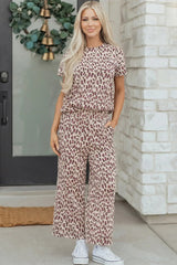 Beige Leopard Print Casual Tee and Pants 2pcs Outfit