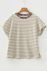 Khaki Stripe Leopard Patchwork Round Neck Loose T Shirt