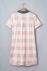 Pink Waffle Plaid Print Contrast Denim Shirt Collar Buttoned T Shirt Mini Dress
