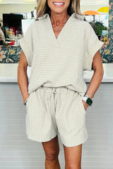 Khaki Stripe Dolman Sleeve Polo Shirt and Drawstring Shorts Set