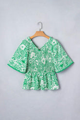 Green Flirty Floral Smocked V Neck Blouse