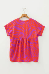 Multicolour Abstract Print V Neck Cuffed Short Sleeve Shift Slit Blouse