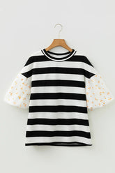 Black Stripe Floral Print Puff Sleeve Patchwork Blouse