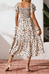 Beige Ditsy Floral Print Smocked Square Neck Ruffle Short Sleeve Dress