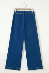 Sail Blue Hardware Decor Patched Pockets Wide Leg Denim Pants