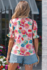 Beige Vibrant Summer Floral Tie V Neck Short Puff Sleeve Blouse