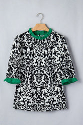 Green Damask Print Ruffled Color Block Detail Half Sleeve Blouse