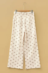 Apricot Bow Print Drawstring Elastic Waist Loose Corduroy Pants