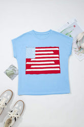 Mist Blue USA Flag Textured Patchwork Cap Sleeve Tee