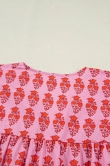 Pink Plus Size Floral Print Tassel Tie Puff Sleeve Cotton Blouse