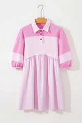 Pink Raw Seam Color Block Patchwork Button Polo Collar Mini Dress