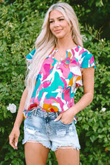 Multicolour Abstract Print Notched Neck Flutter Sleeve Blouse