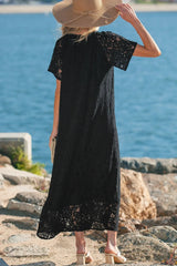 Black Floral Lace Overlay Tassel Tie Short Sleeve Beach Vacation Loose Maxi Dress