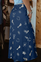 Navy Blue Western Print Satin Long Skirt
