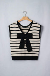 Black Stripe Bow Applique Short Sleeve Sweater