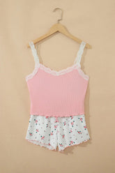 Pink Ribbed Knit Lace Straps Patchwork Lettuce Hem Cropped Top Floral Short Lounge Set