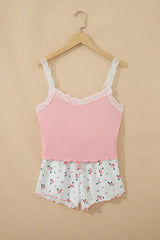 Pink Ribbed Knit Lace Straps Patchwork Lettuce Hem Cropped Top Floral Short Lounge Set