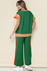 Dark Green Color Block Detail Casual Two-piece Set