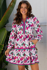 Purple Floral Print Contrast Striped Detail Long Sleeve Mini Dress