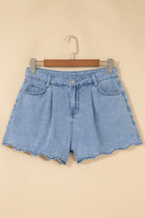 Myosotis Solid Color Scalloped Trim Casual Denim Shorts